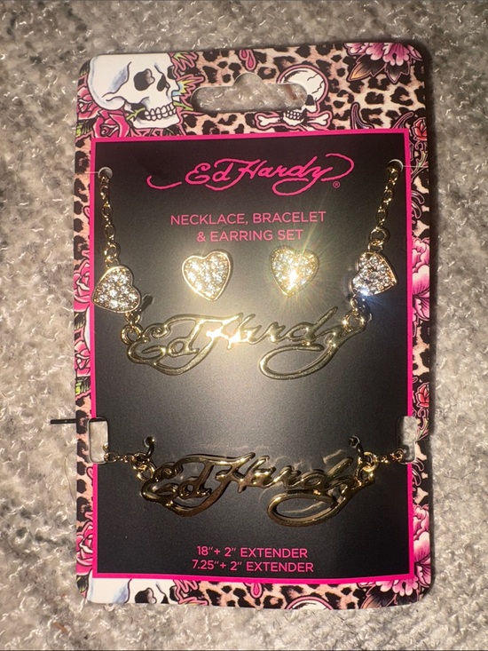 Ed Hardy Jewelry - Ed Hardy Gold Script Necklace, Bracelet & Crystal Heart Earrings Set